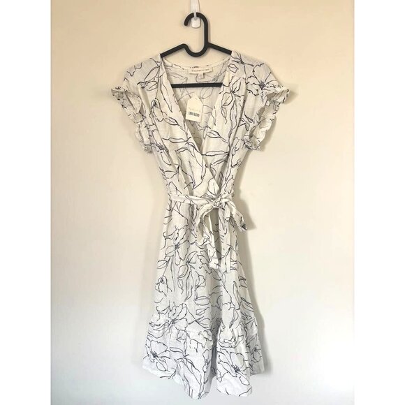 MONTEAU Los Angeles Dress Size Small Rayon Linen Blend Ruffle Hem White Black - Picture 1 of 4